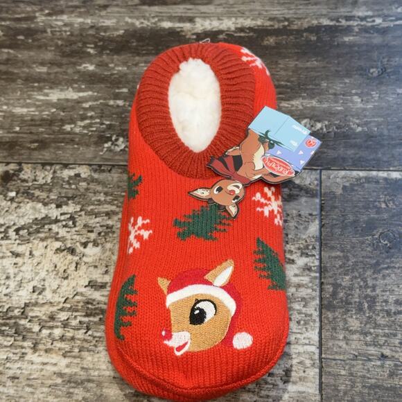 Rudolph Red Nosed Reindeer Slipper Socks Womens Large XL Christmas Fuzzy Gripper - Picture 2 of 6